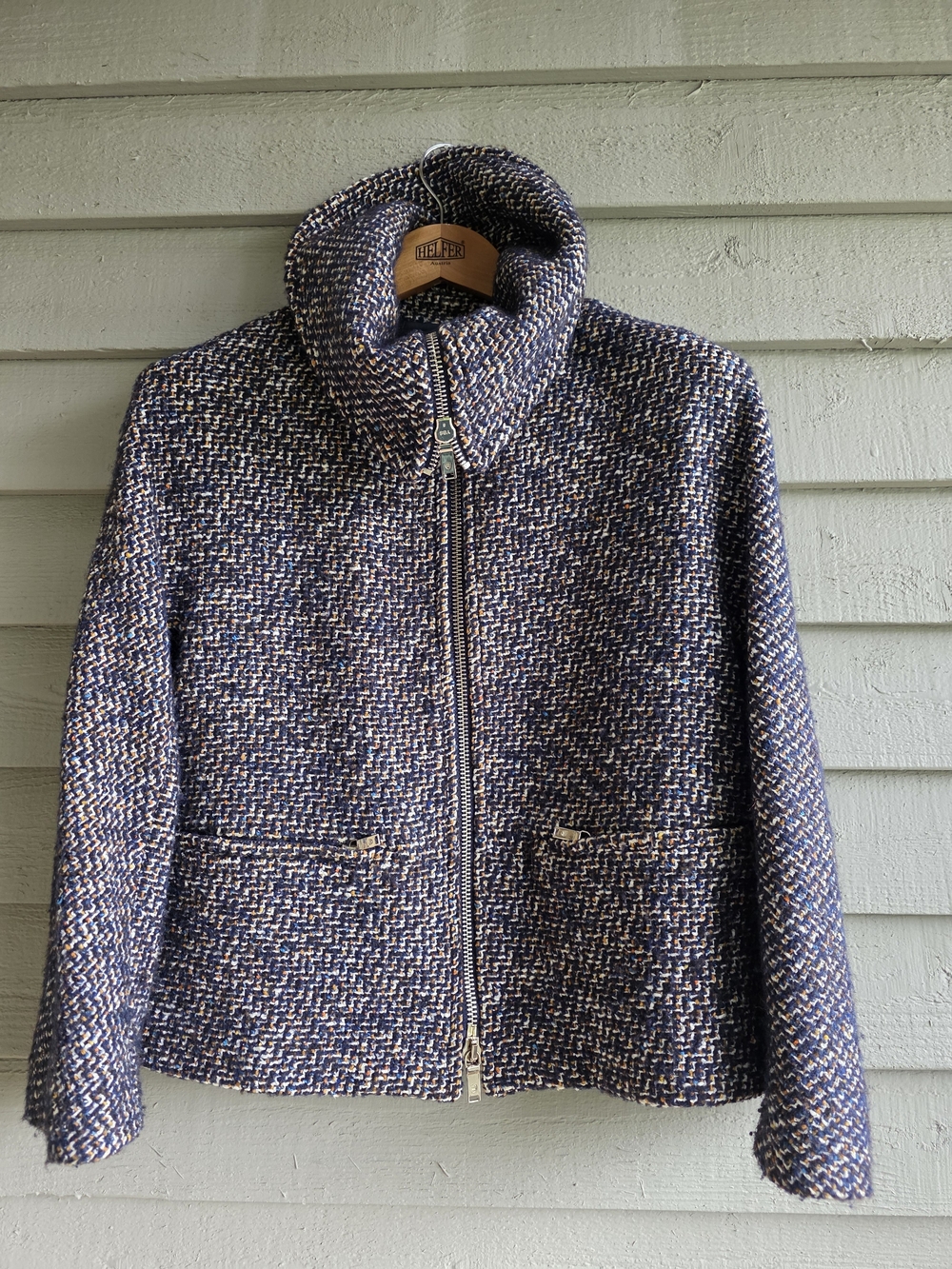 Massimo Dutti Tweed Jacket Women S Blue Multicolor Zip Bomber Bouclé Wool Blend